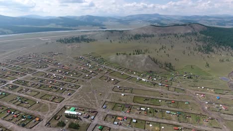 Aerial-drone-shot-of-a-city-in-mongolia-kuvsgul.-Sunny-with-few-clouds